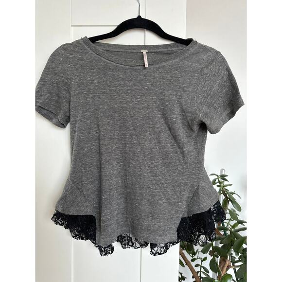 Free People Gray and Black Lace Short Sleeve Peplum T-shirt, Size XS, EUC - Picture 1 of 4